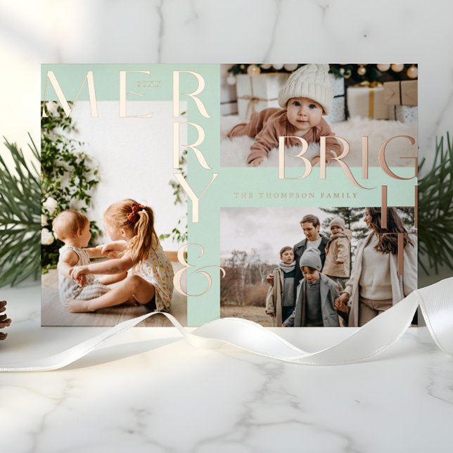 Modern Merry & Bright Bold Typography 3 Photo Mint Foil Holiday Card (Creator Uploaded)