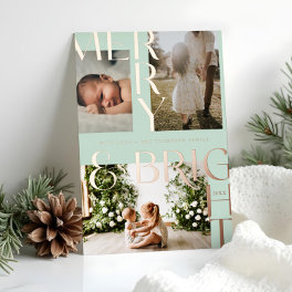 Modern Merry & Bright Bold Typography 3 Photo Mint Foil Holiday Card
