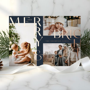 Modern Merry & Bright Bold Typography 3 Photo Navy Foil Holiday Card