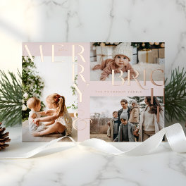 Modern Merry & Bright Bold Typography 3 Photo Pink Foil Holiday Card