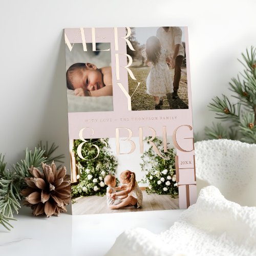 Modern Merry  Bright Bold Typography 3 Photo Pink Foil Holiday Card