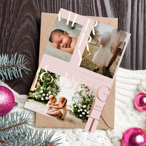Modern Merry  Bright Bold Typography 3 Photo Pink Foil Holiday Card