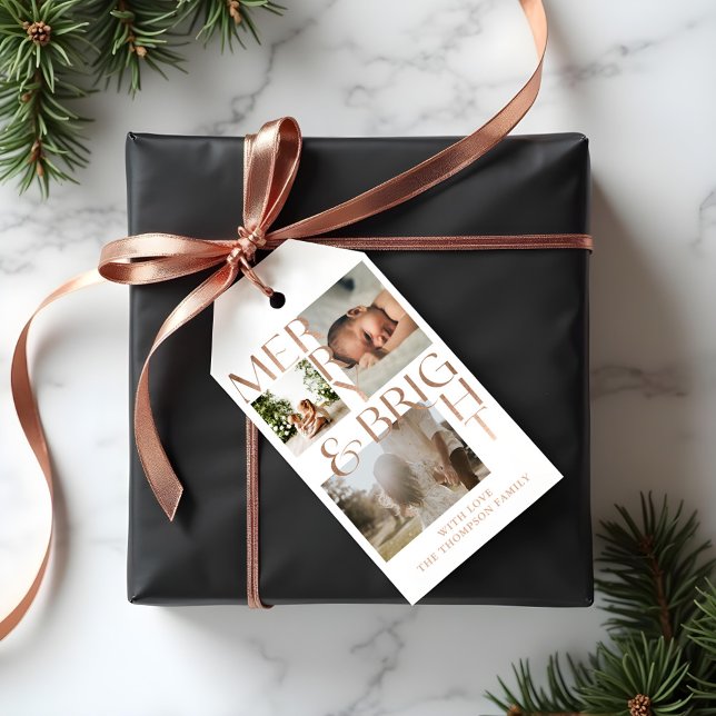Modern Merry Bright Bold Typography 3 Photo White Gift Tags (Modern Merry Bright Bold Typography 3 Photo White Gift Tags)
