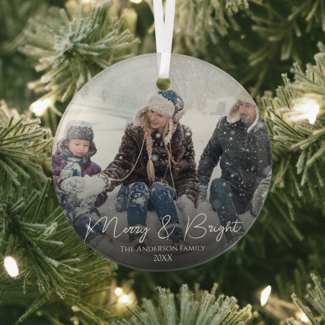 Modern Merry & Bright Calligraphy Family Photo Glass Ornament (Insitu)