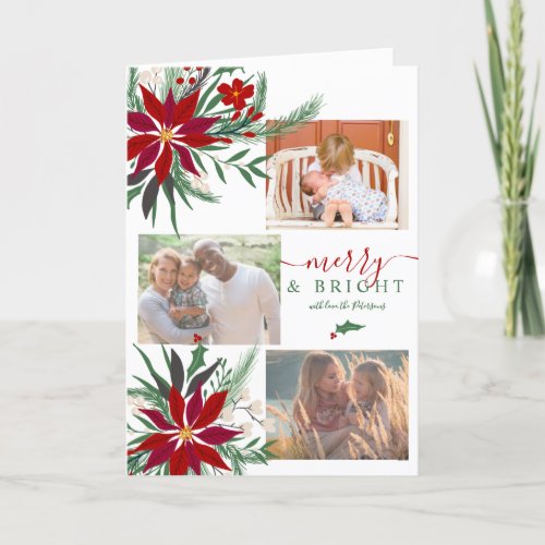Modern merry Bright Christmas floral 4 photos Holiday Card
