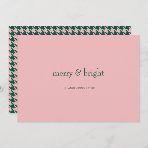 Modern Merry  Bright Christmas Green  Pink  Holiday Card