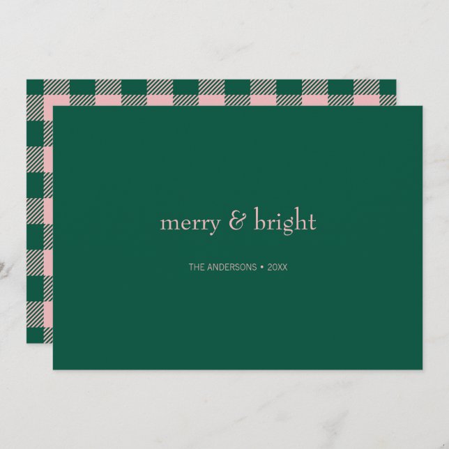 Modern Merry & Bright Christmas Green & Pink  Holiday Card (Front/Back)