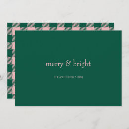 Modern Merry & Bright Christmas Green & Pink Holiday Card