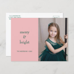 Modern Merry & Bright Christmas Green & Pink Holiday Postcard