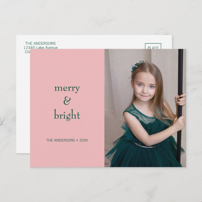 Modern Merry & Bright Christmas Green & Pink  Holiday Postcard (Front/Back)