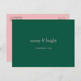 Modern Merry & Bright Christmas Green & Pink Holiday Postcard