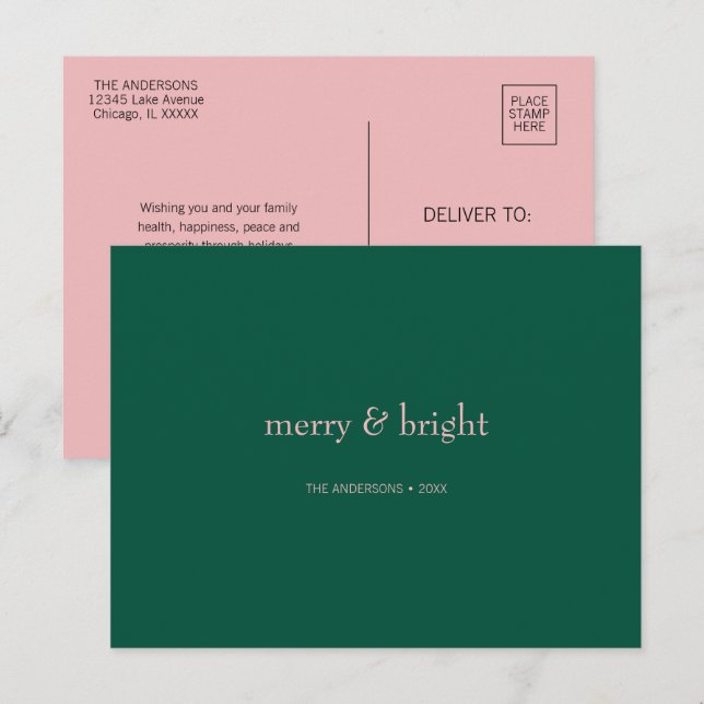 Modern Merry & Bright Christmas Green & Pink  Holiday Postcard (Front/Back)