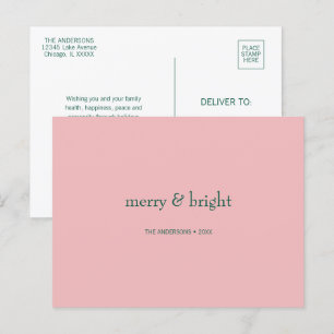 Modern Merry & Bright Christmas Green & Pink  Holiday Postcard