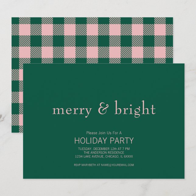 Modern Merry & Bright Christmas Green & Pink  Invitation (Front/Back)