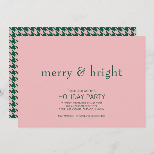 Modern Merry & Bright Christmas Green & Pink  Invitation (Front/Back)