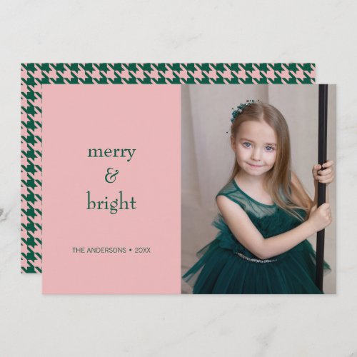 Modern Merry  Bright Christmas Green  Pink Photo Holiday Card