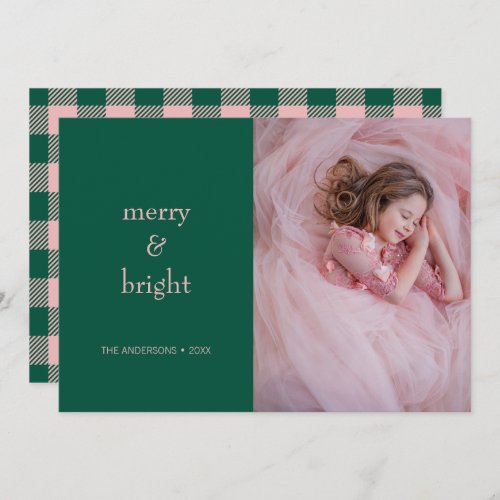 Modern Merry  Bright Christmas Green  Pink Photo Holiday Card