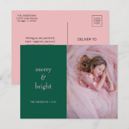 Modern Merry & Bright Christmas Green & Pink Photo Holiday Postcard