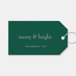 Modern Merry & Bright Christmas Holiday Green Pink Gift Tags