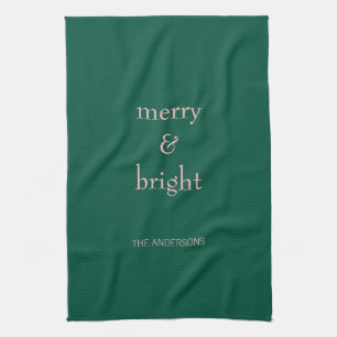 Modern Merry & Bright Christmas Holiday Green Pink Kitchen Towel