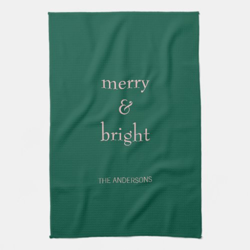 Modern Merry  Bright Christmas Holiday Green Pink Kitchen Towel