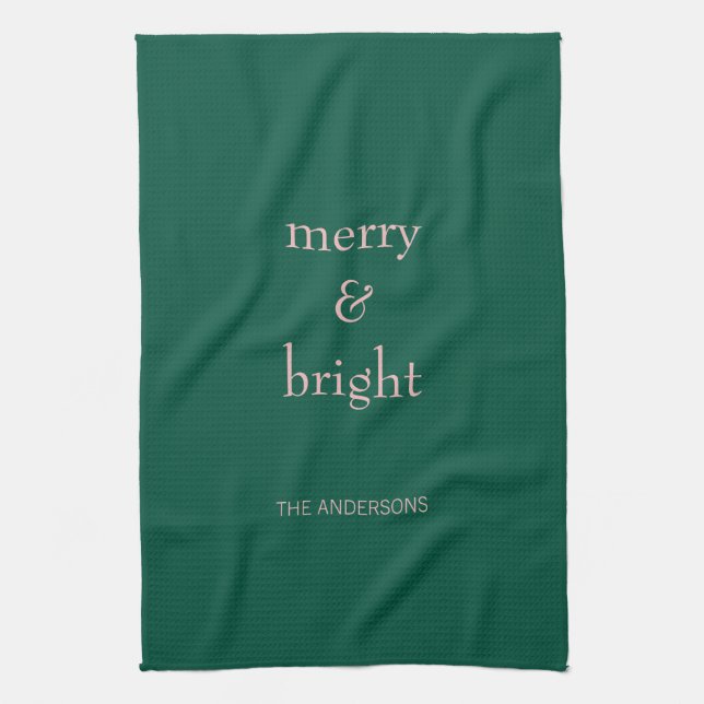 Modern Merry & Bright Christmas Holiday Green Pink Kitchen Towel (Vertical)