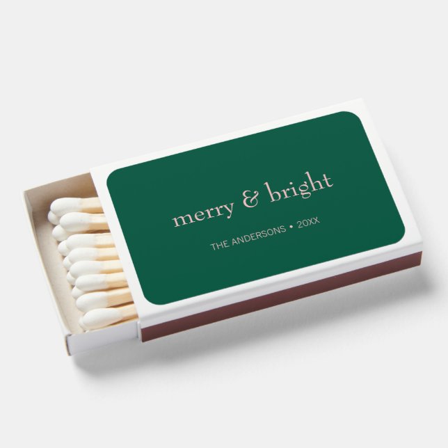 Modern Merry & Bright Christmas Holiday Green Pink Matchboxes (Front Open)