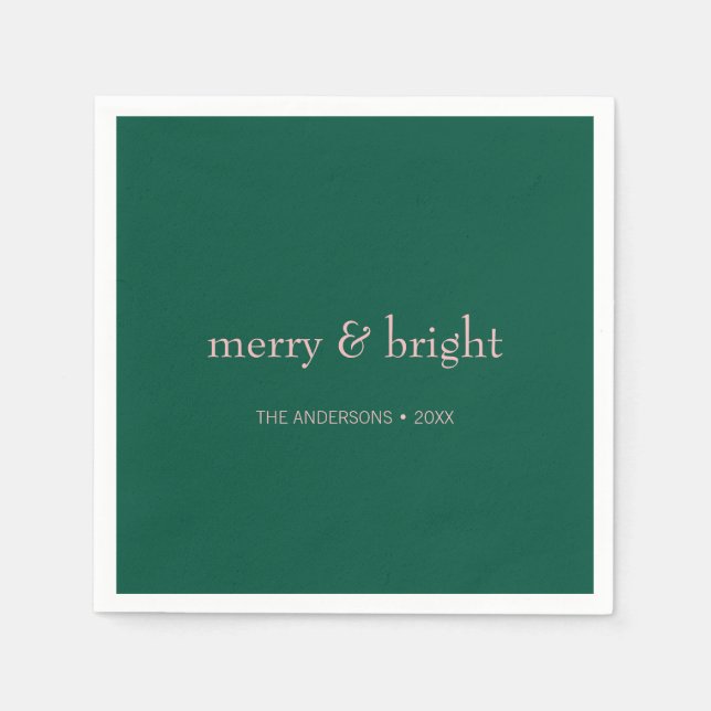Modern Merry & Bright Christmas Holiday Green Pink Napkins (Front)