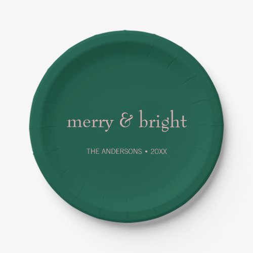 Modern Merry  Bright Christmas Holiday Green Pink Paper Plates