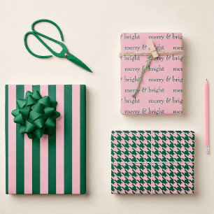Modern Merry & Bright Christmas Holiday Green Pink Wrapping Paper Sheets