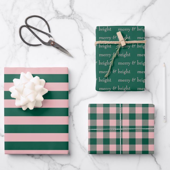 Modern Merry & Bright Christmas Holiday Green Pink Wrapping Paper Sheets (Front)