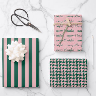 Modern Merry & Bright Christmas Holiday Green Pink Wrapping Paper Sheets