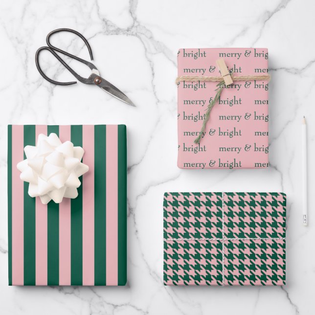 Modern Merry & Bright Christmas Holiday Green Pink Wrapping Paper Sheets (Front)