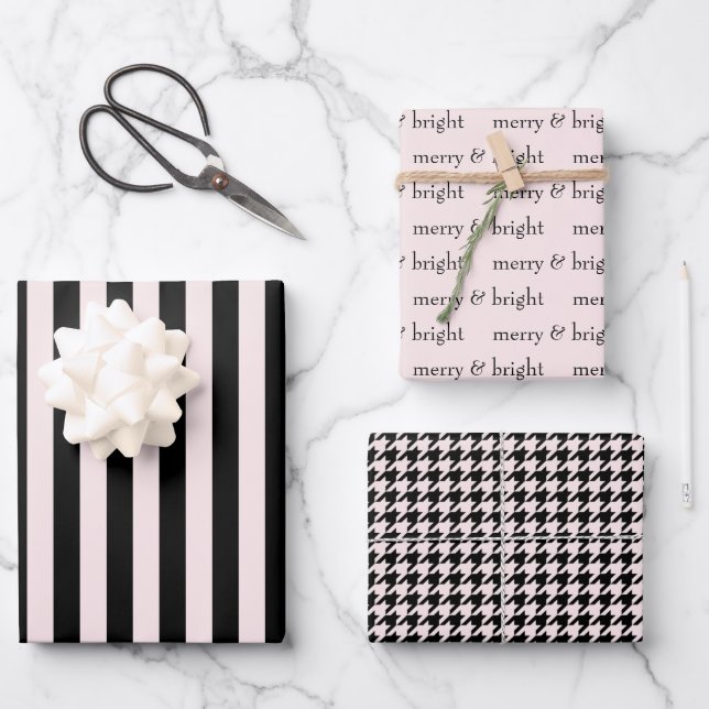 Modern Merry & Bright Christmas Holiday Pink Black Wrapping Paper Sheets (Front)