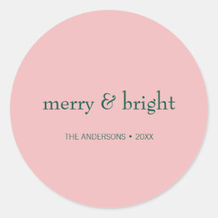 Modern Merry & Bright Christmas Holiday Pink Green Classic Round Sticker