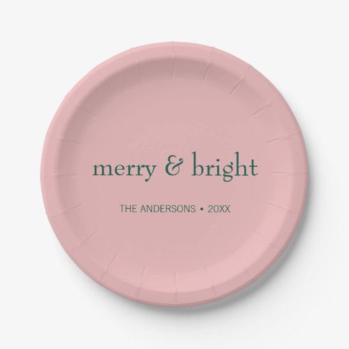 Modern Merry  Bright Christmas Holiday Pink Green Paper Plates