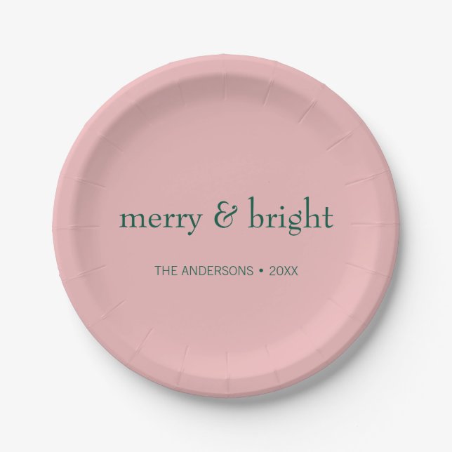 Modern Merry & Bright Christmas Holiday Pink Green Paper Plates (Front)
