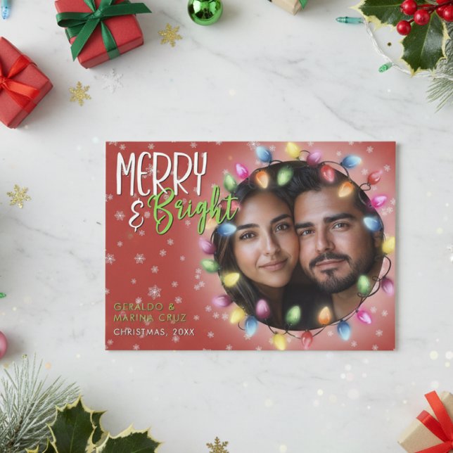 Modern Merry & Bright Christmas Lights Red Holiday Card (Creator Uploaded)