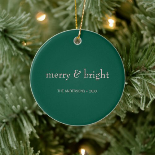 Modern Merry  Bright Christmas Photo Green  Pink Ceramic Ornament