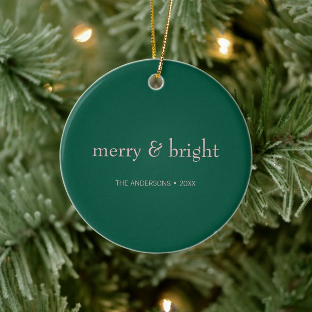 Modern Merry & Bright Christmas Photo Green & Pink Ceramic Ornament (Tree)