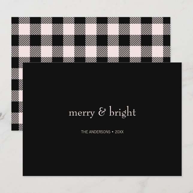 Modern Merry & Bright Christmas Pink and Black Holiday Card (Front/Back)