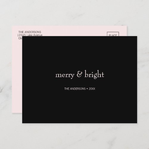 Modern Merry  Bright Christmas Pink and Black Holiday Postcard