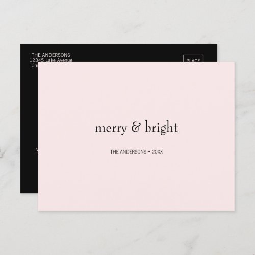 Modern Merry  Bright Christmas Pink and Black Holiday Postcard