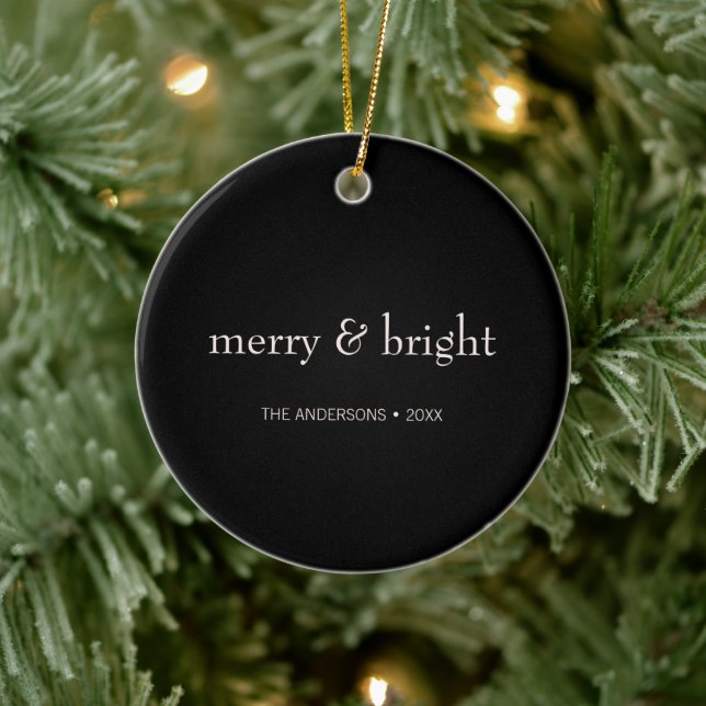 Modern Merry & Bright Christmas Pink Black Holiday Ceramic Ornament (Tree)