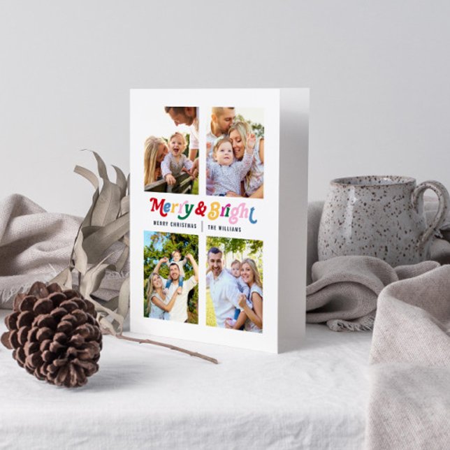 Modern Merry & Bright Colorful Bright 4 Photo Card (Get into the holiday spirit with a heartfelt folded christmas card! 🎅)