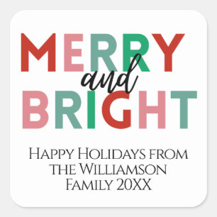 Modern Merry & Bright Colorful Letters Custom Text Square Sticker