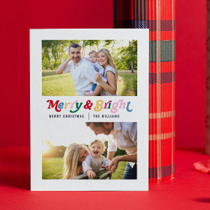 Modern Merry & Bright Colorful Retro 2 Photo Holiday Card