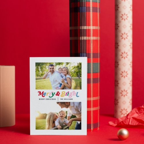 Modern Merry  Bright Colorful Retro 2 Photo Holiday Card