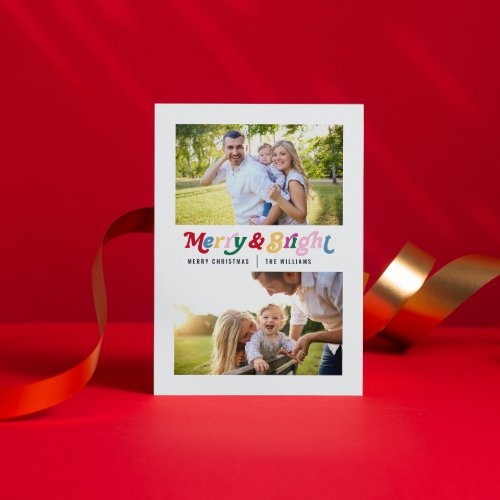 Modern Merry  Bright Colorful Retro 2 Photo Holiday Postcard