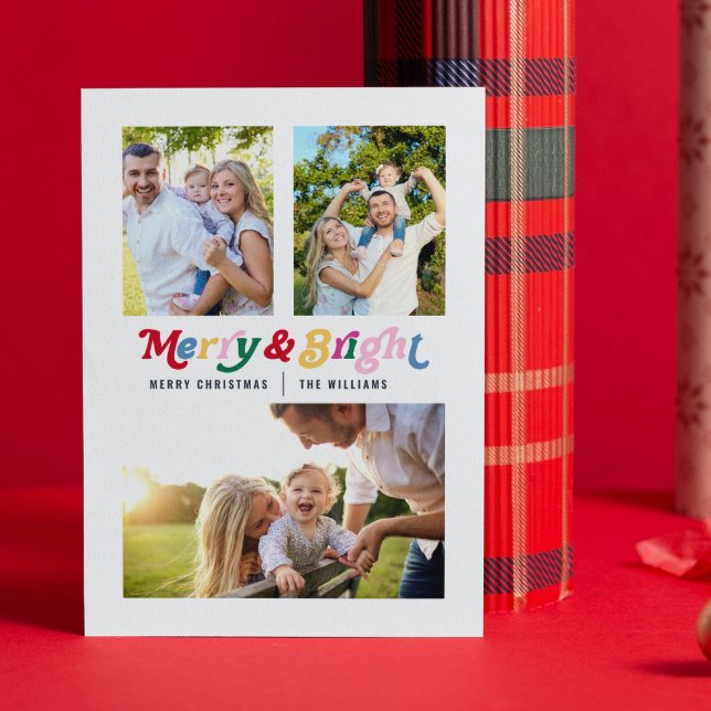 Modern Merry & Bright Colorful Retro 3 Photo Holiday Card (Let your friends and family know you’re merry & bright with this festive card😊)